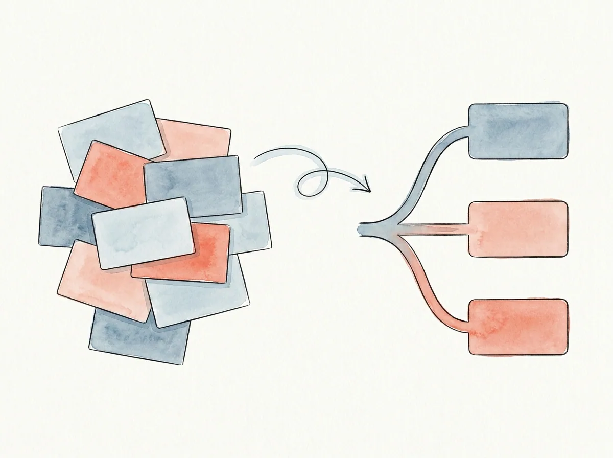 Scattered cards grouped into a clean three-branch structure