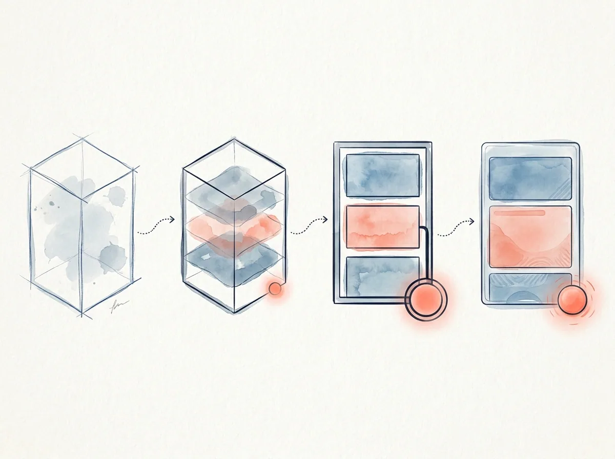 A wireframe evolving into a clearer screen structure